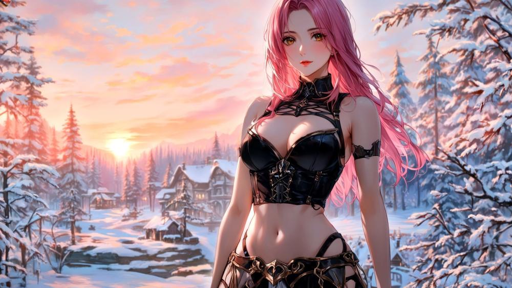 Enchanting Winter Beauty: AI Anime Girl with Pink Hair wallpaper