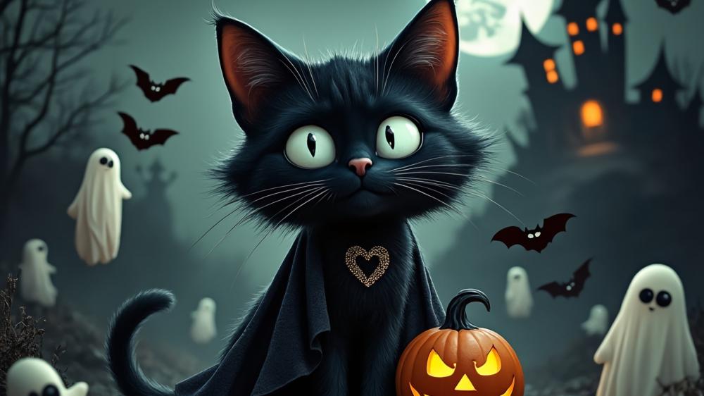 Spooky Black Cat Halloween Encounter wallpaper