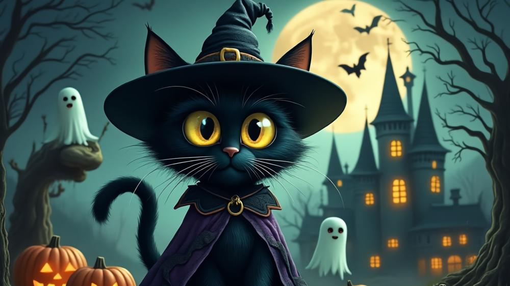 Witchy Cat and Ghostly Night Magic Halloween wallpaper