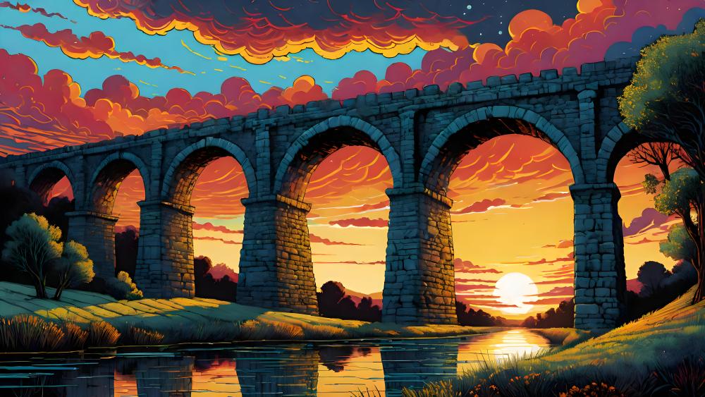 Sunset Symphony Under Stone Arches wallpaper