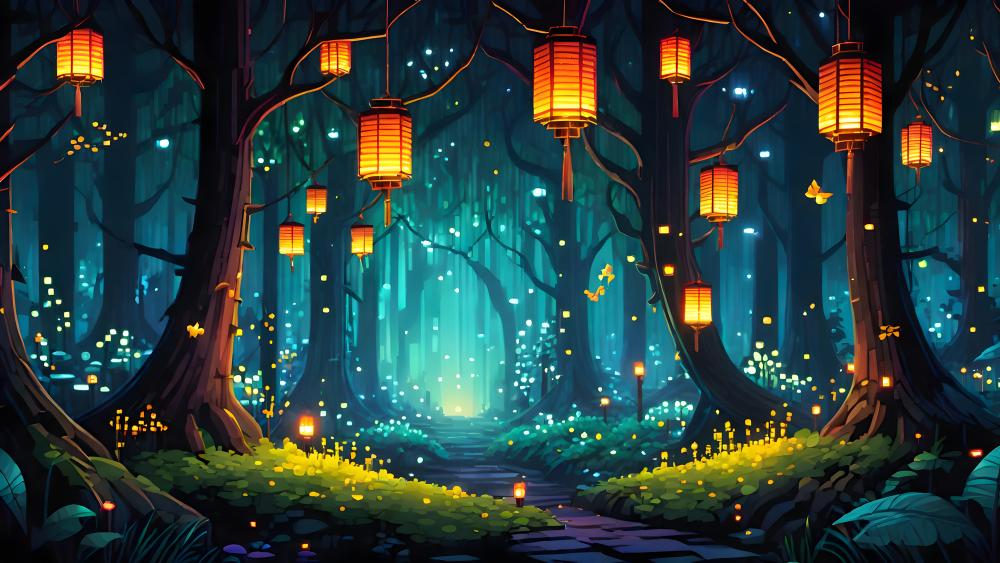 Enchanted Lanterns Illuminate the Forest Path wallpaper