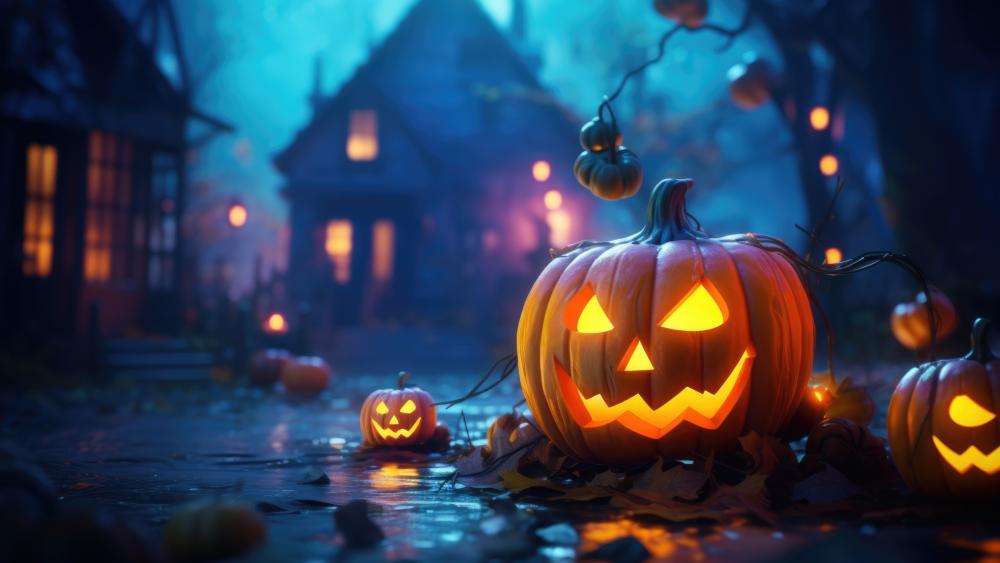 Halloween Night with Glowing Jack-o'-lanterns in Darkness wallpaper