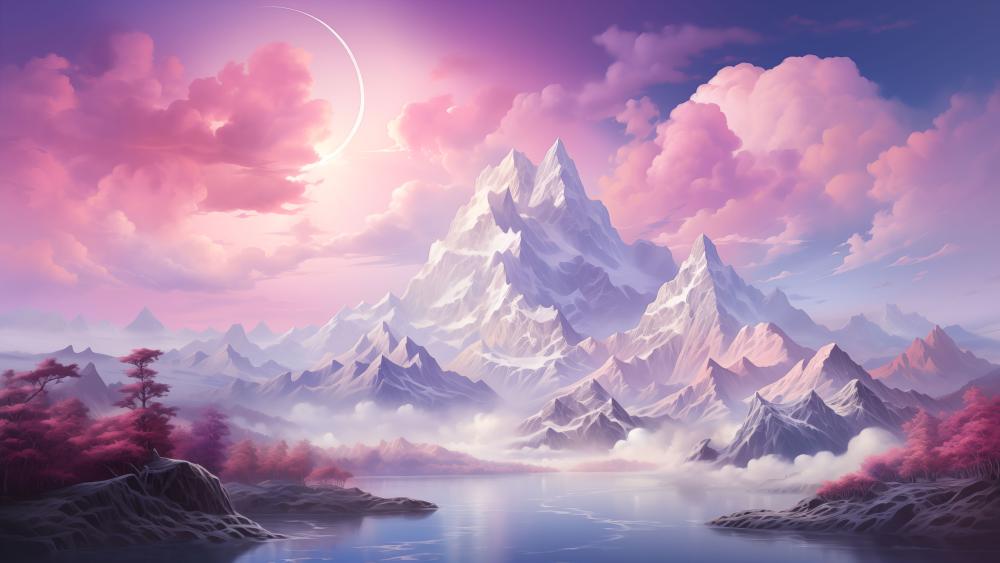 Mystical Mountains in a Pink Sunset wallpaper