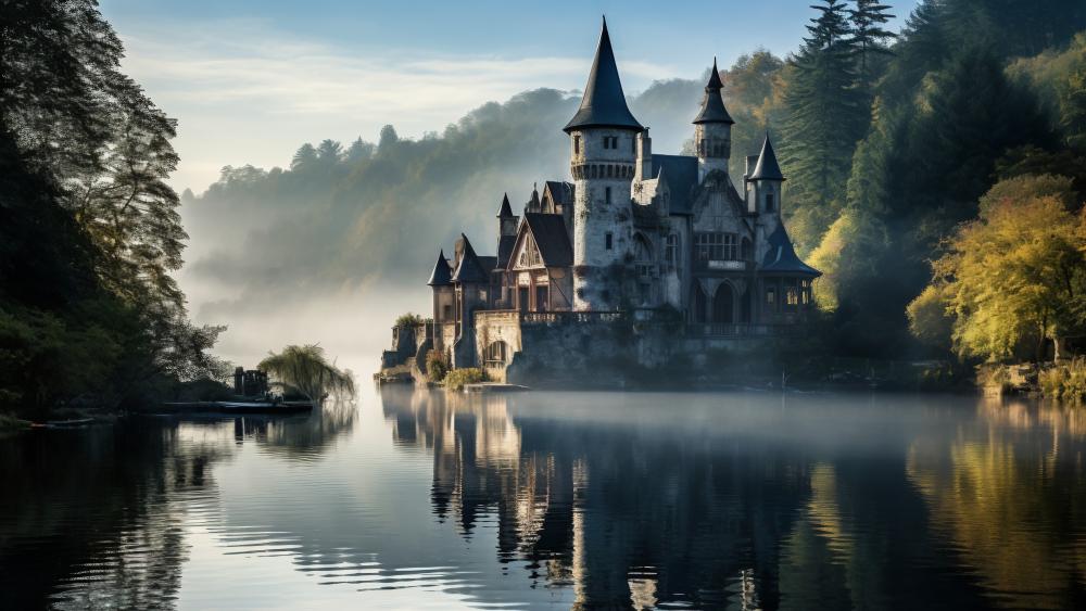 Enchanted Waterside Castle in Misty Splendor wallpaper