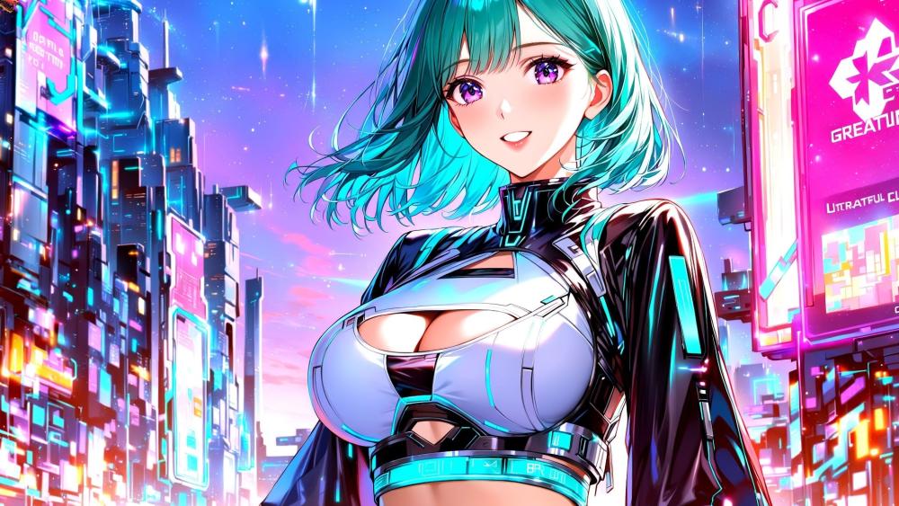 Futuristic Elegance with Blue-Haired Anime Beauty wallpaper