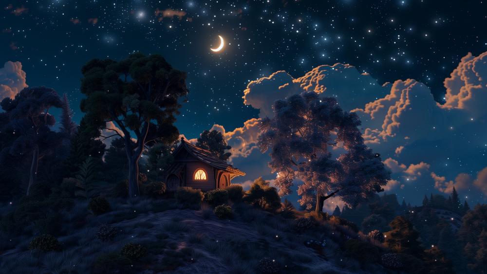 Dreamy Cottage under a Starry Sky wallpaper