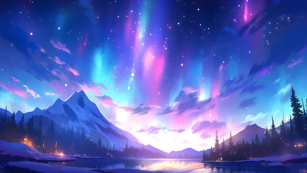 Winter Aurora over Tranquil Lake wallpaper