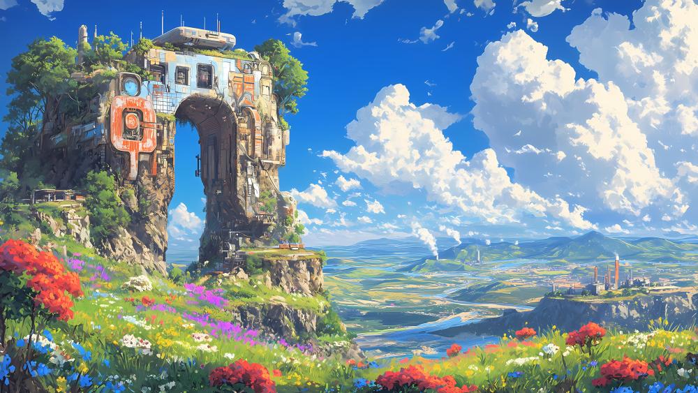 Anime Dreamscape with Futuristic Archway in Meadow Scene wallpaper