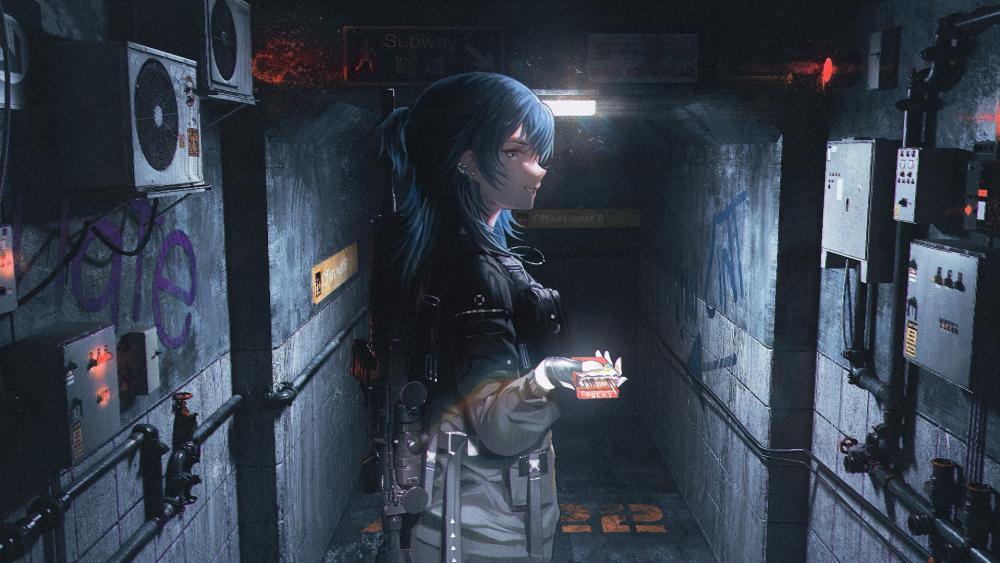 Blue-Haired Warrior in Cyberpunk Alleyway wallpaper