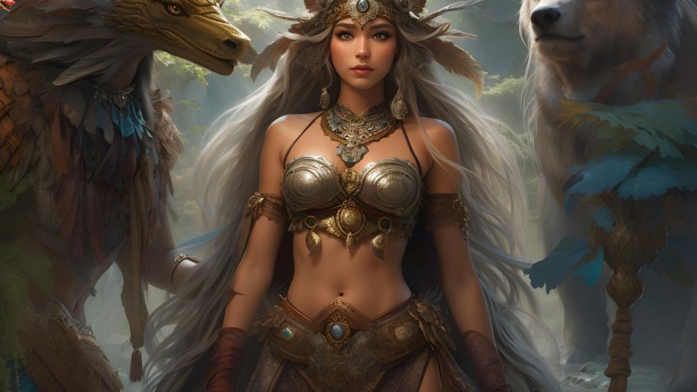 Forest Guardian Enchantress with Mystical Creatures wallpaper