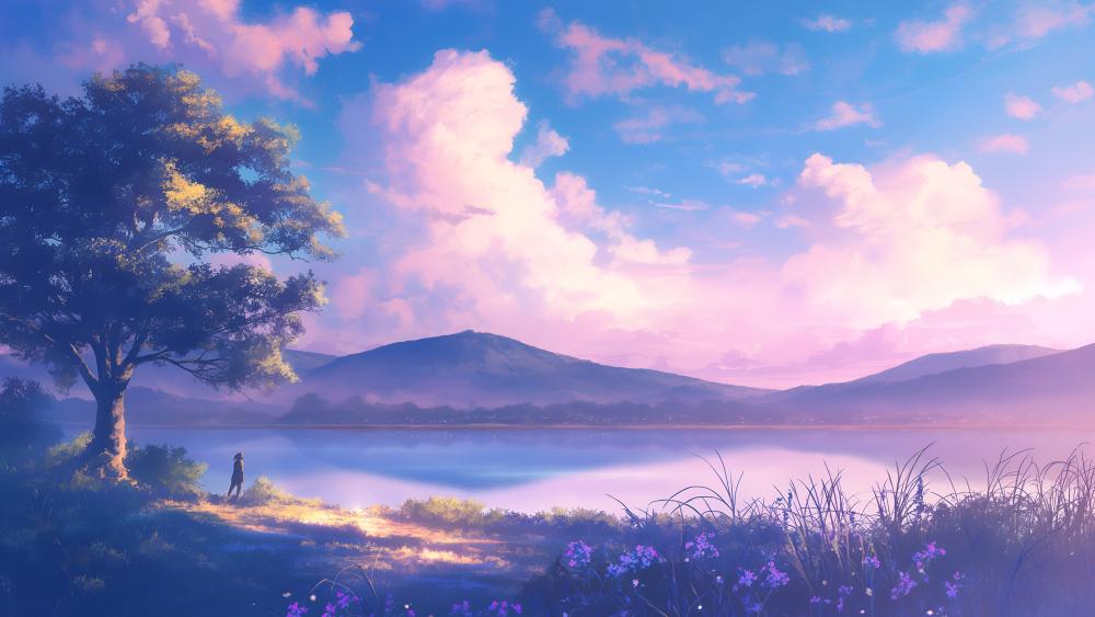 Tranquil Lakeside in Anime Bliss wallpaper