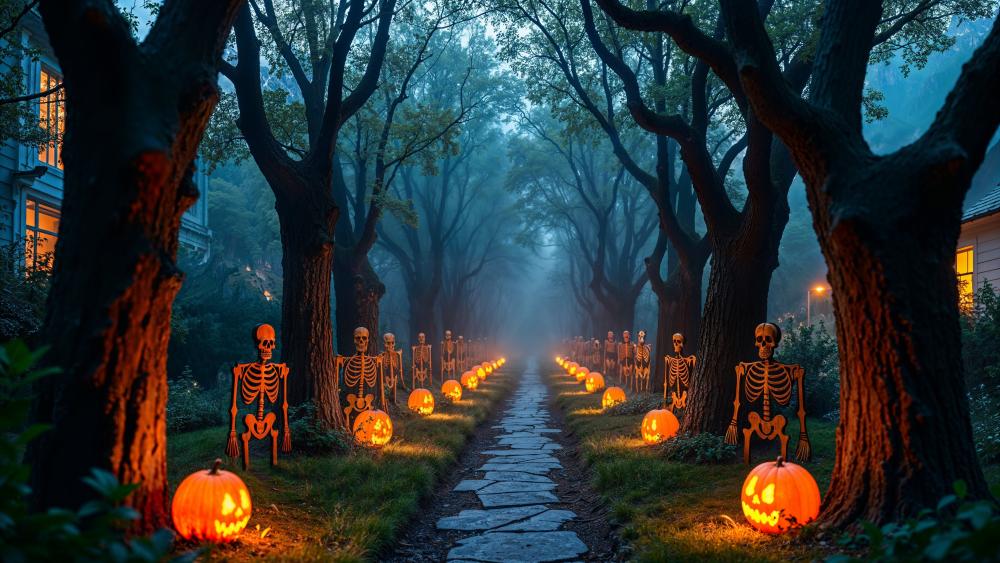 Eerie Halloween Pathway with Glowing Skeletons and Pumpkins wallpaper