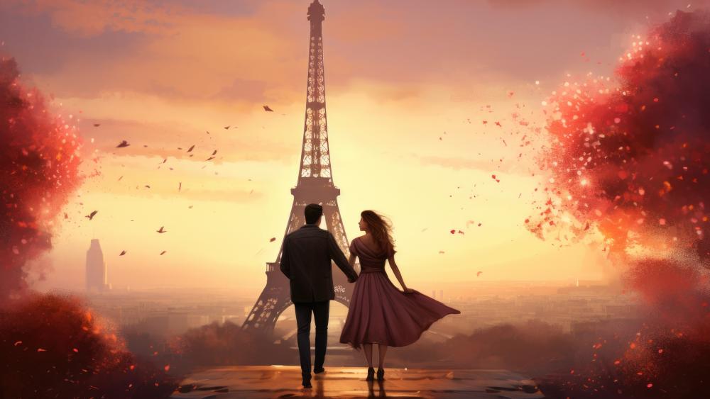 Romantic Stroll in Paris at Sunset wallpaper