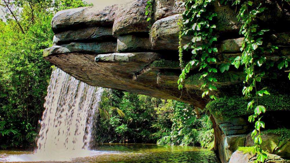 Artificial Oasis Waterfall in Nature's Embrace wallpaper