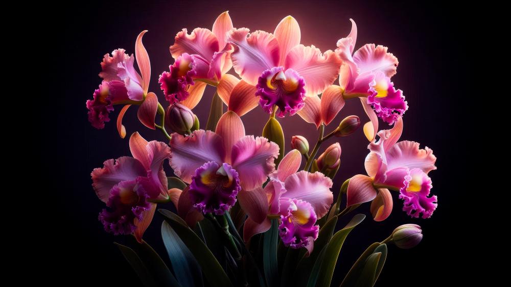 Cattleya orchids Flowers in a dark background wallpaper