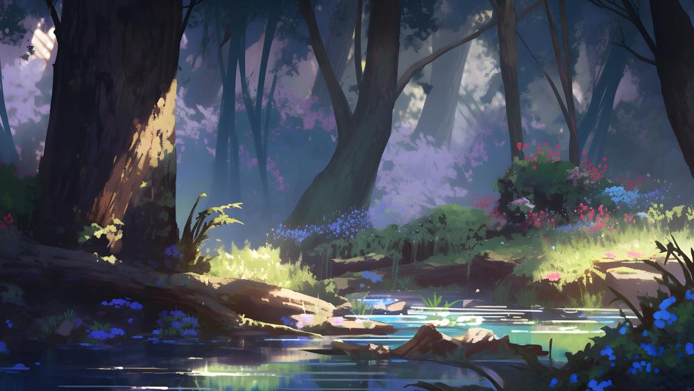 Enchanting Forest Stream in Anime Style wallpaper