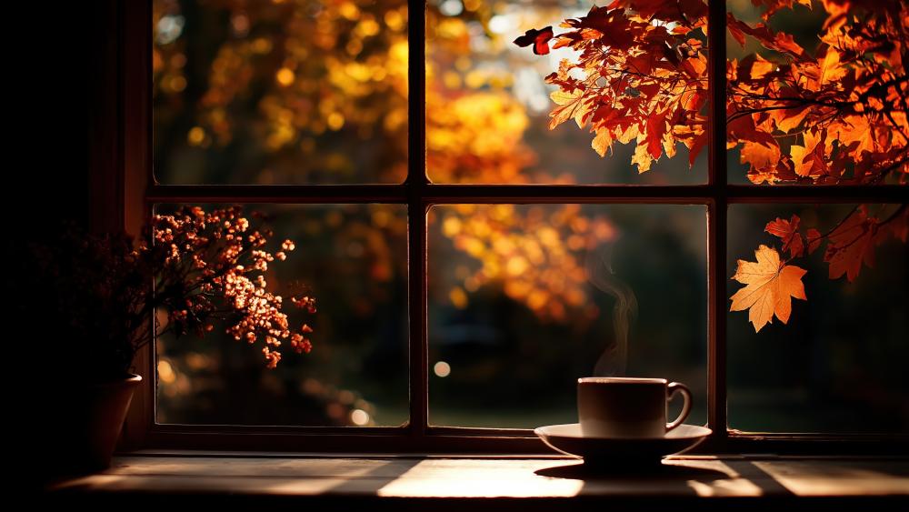 relaxing-mood-hot-drink-coffee-with-a-view-into-fall-garden wallpaper