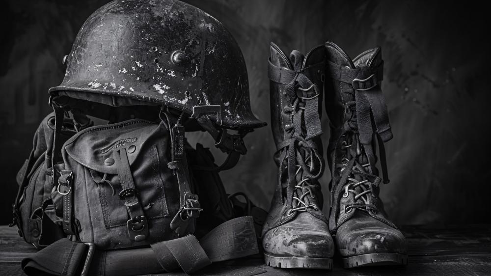 Vintage Military Gear in Monochrome Still Life wallpaper