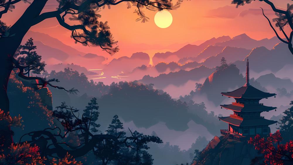 Sunset Over Serene Pagoda Landscape wallpaper