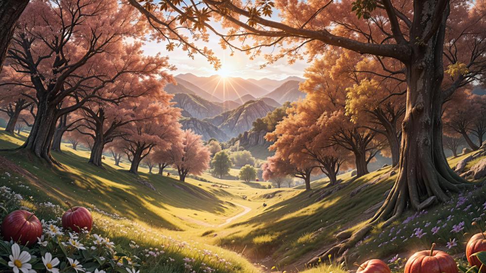 Serene Sunrise in a Blossoming Valley wallpaper