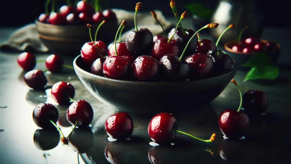 Cherry bowl on a table wallpaper