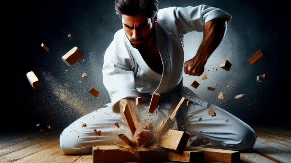 Karate practitioner braking wooden planks with bare hands. wallpaper