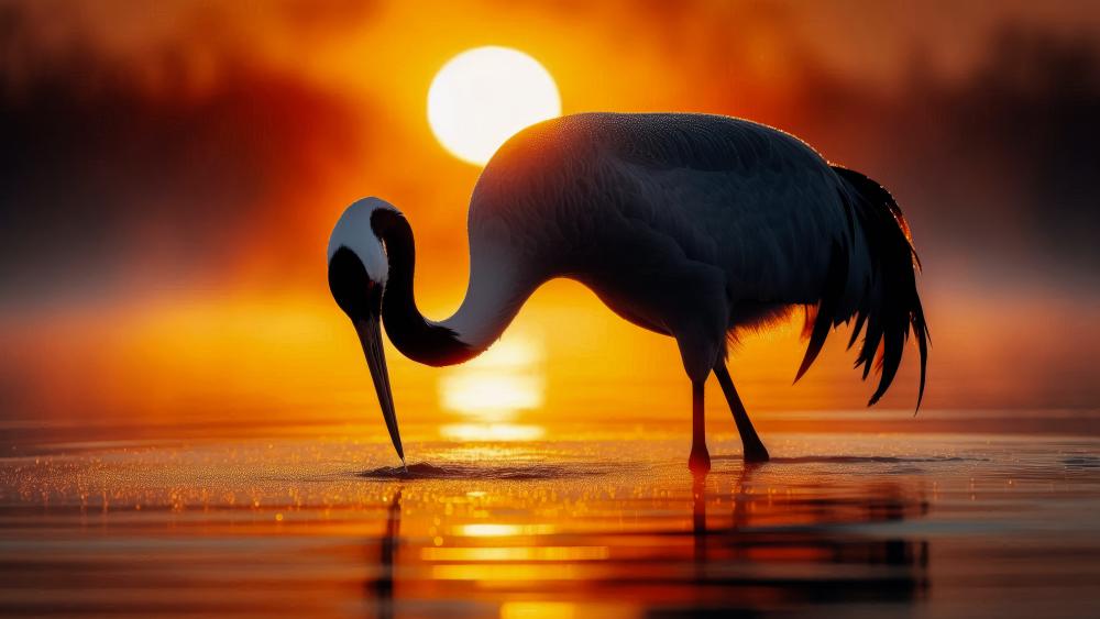 Manchurian crane in a lake. Sun rising  wallpaper