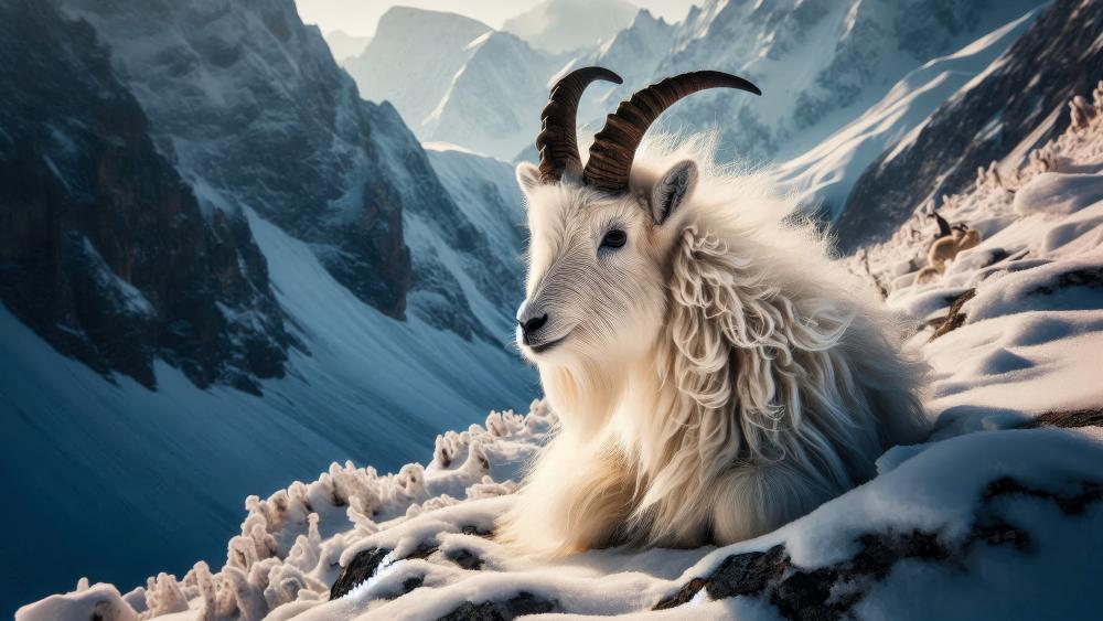 A relaxing mountain goat on a mountaintop wallpaper