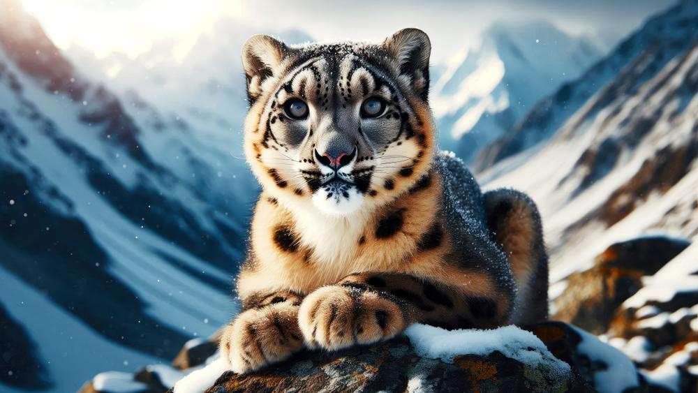 Snow leopard on a snowy mountaintop wallpaper