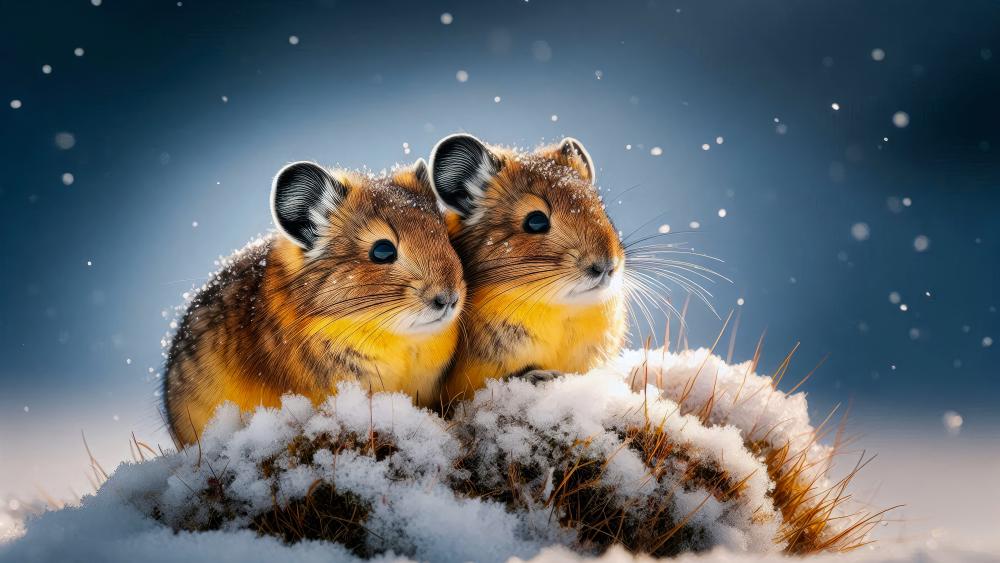 Two Pikas close to each other in Winter wallpaper