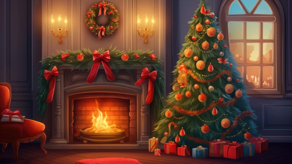 Cozy Christmas by the Fireplace: AI Art Magic! wallpaper