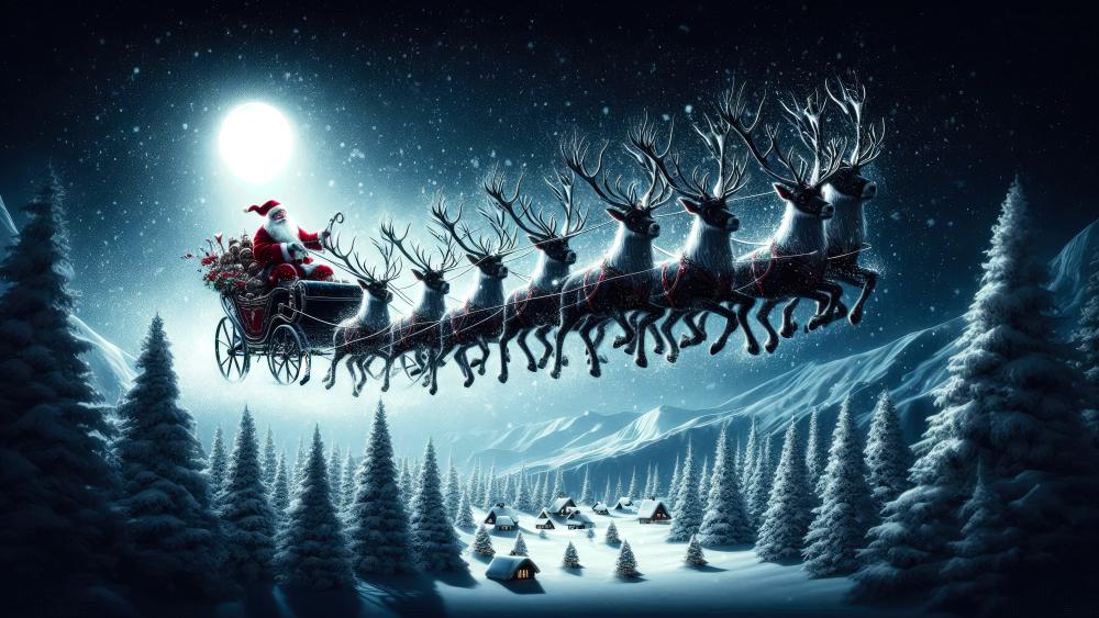 Santa, in his carriage, set off from North Pole wallpaper