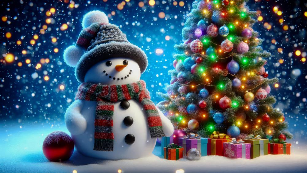 Snowman and Christmas tree in the snow wallpaper