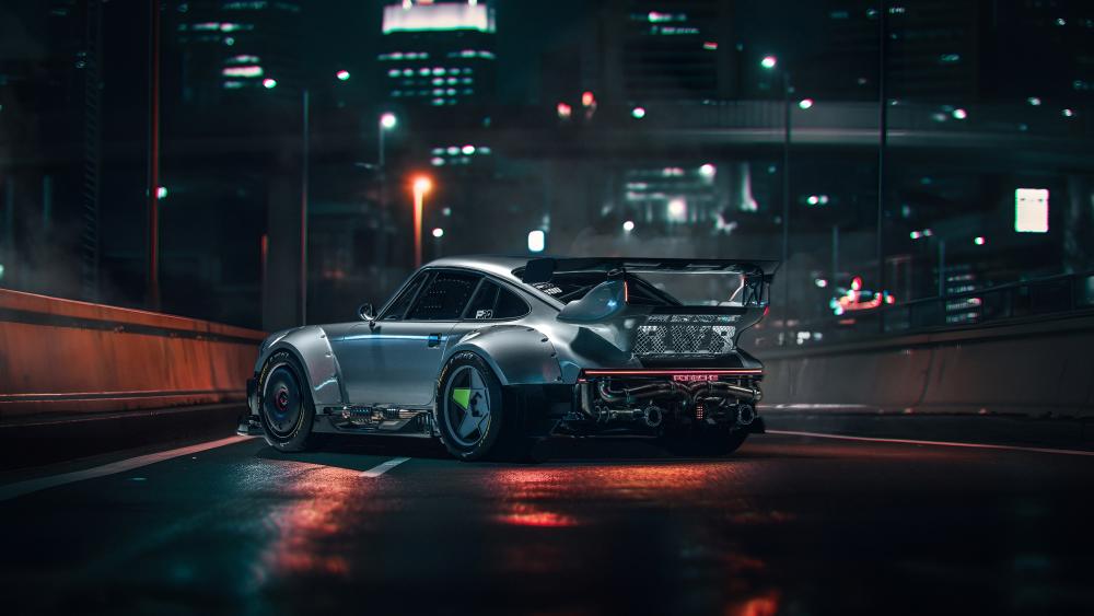 Futuristic Porsche RWB in Cyberpunk Cityscape wallpaper