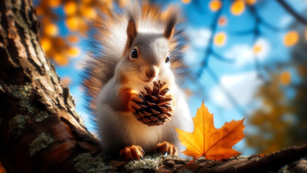 Grey squirrel with a pinecone in autumn  wallpaper