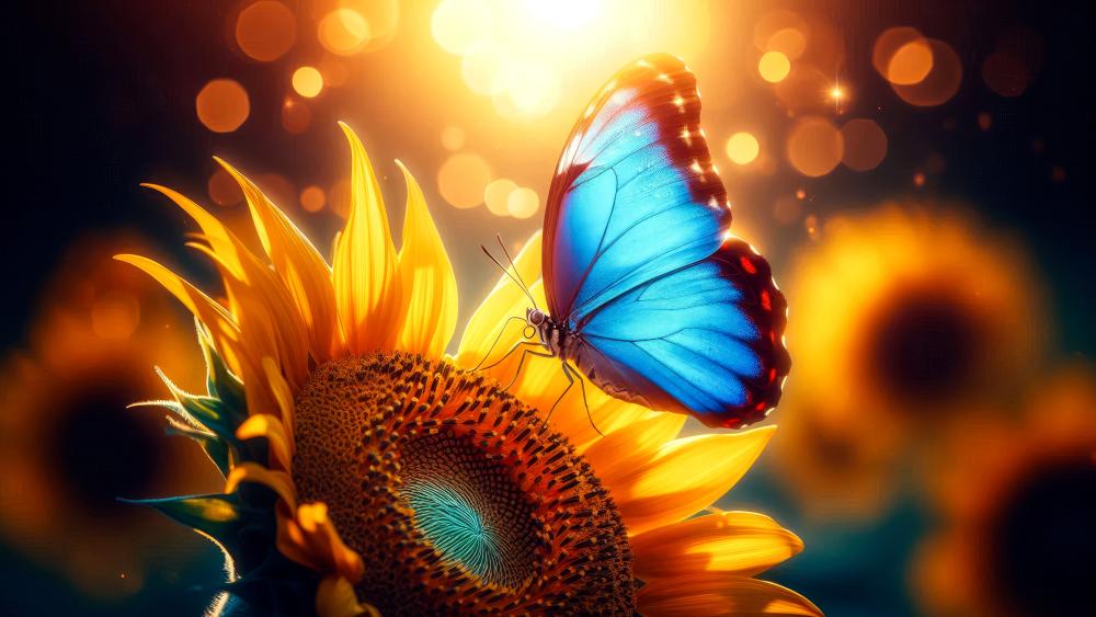 Morpho butterfly on a sunflower on a sunny day wallpaper