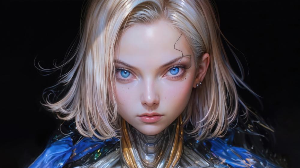 Futuristic Cyborg Girl with Striking Blue Eyes wallpaper