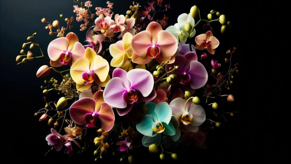 Mix orchid bouquet in a dark background wallpaper