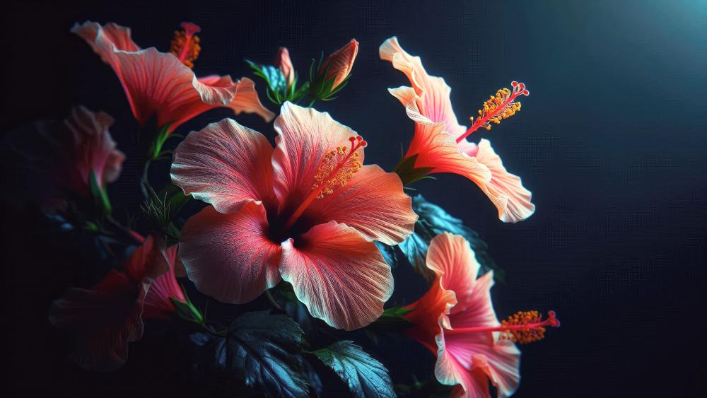 Hibiscus flower bouquet in a dark background wallpaper