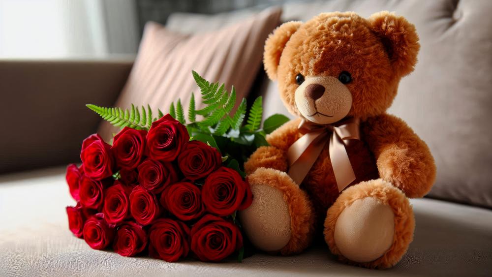 A gift for you...a Teddy Bear and a bunch of Roses wallpaper