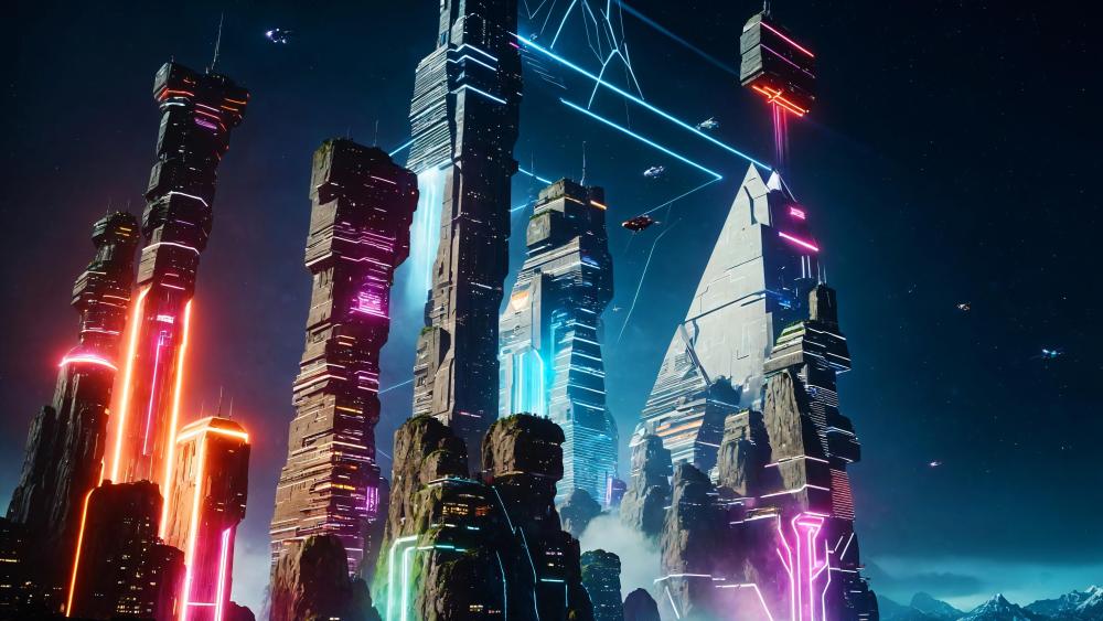 Neon Skyscrapers of a Futuristic Cyberpunk City wallpaper