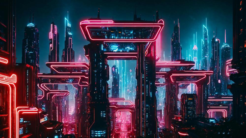 Cyberpunk city based on the ancient site of Persopolis wallpaper