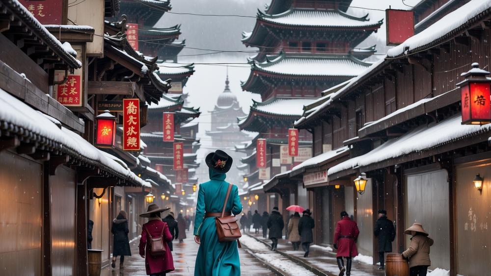 Winter Stroll in an Oriental Cityscape wallpaper