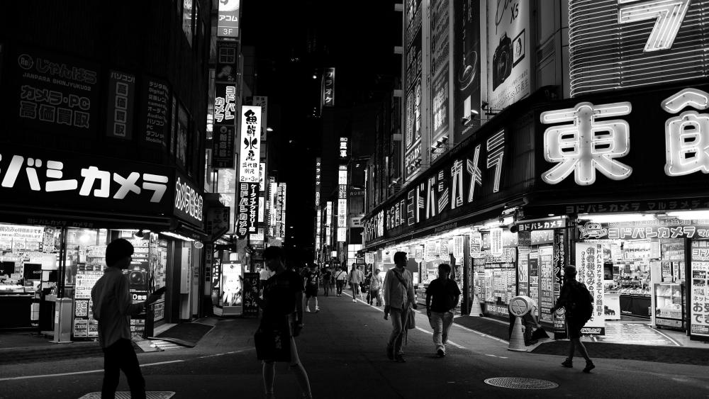 Monochrome Night in Japan's Urban Heartbeat wallpaper