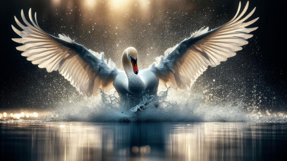 Splash heavy landing on the water of a swan  wallpaper