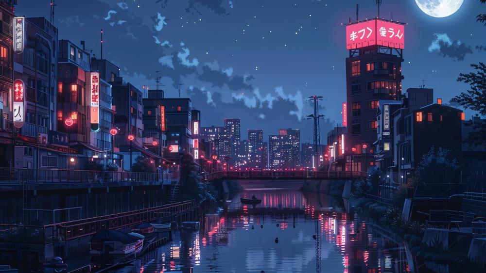 Anime Cityscape Under the Moonlight wallpaper