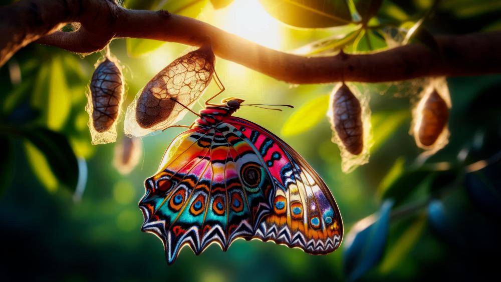 A butterfly and the cocoon side by side wallpaper