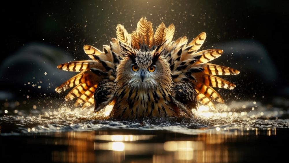 An Owl in a stream having a bath wallpaper