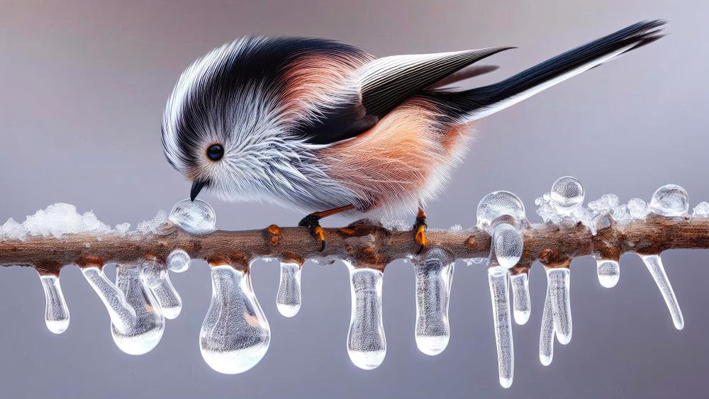 Long-tailed tit on a steam drinking from icicles  wallpaper