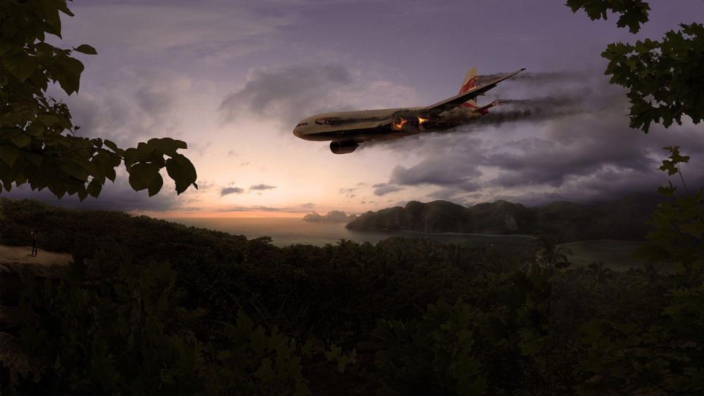 Plane Ablaze: A Mysterious Descent at Dusk wallpaper